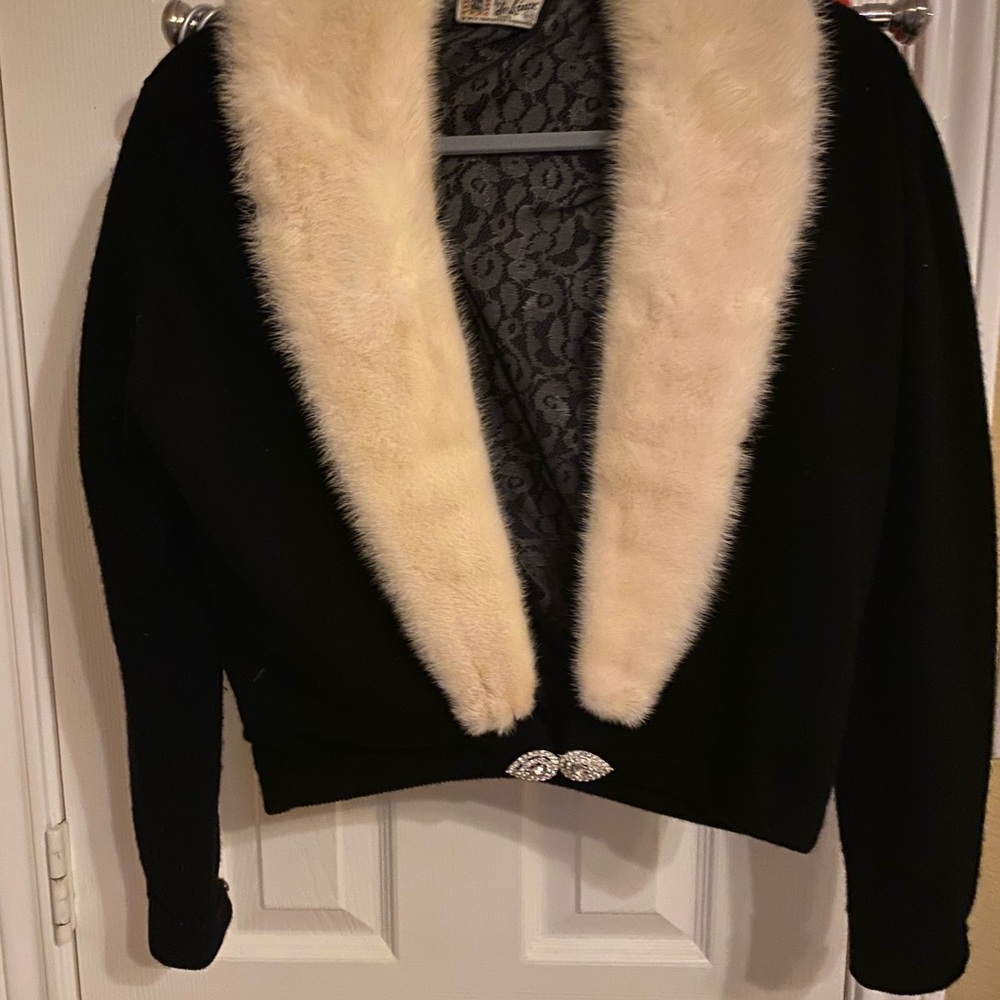 Vintage cashmere cardigan with mink (?) collar.